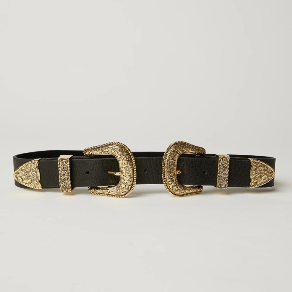 B-Low the Belt Black and Gold Double Buckle Belt